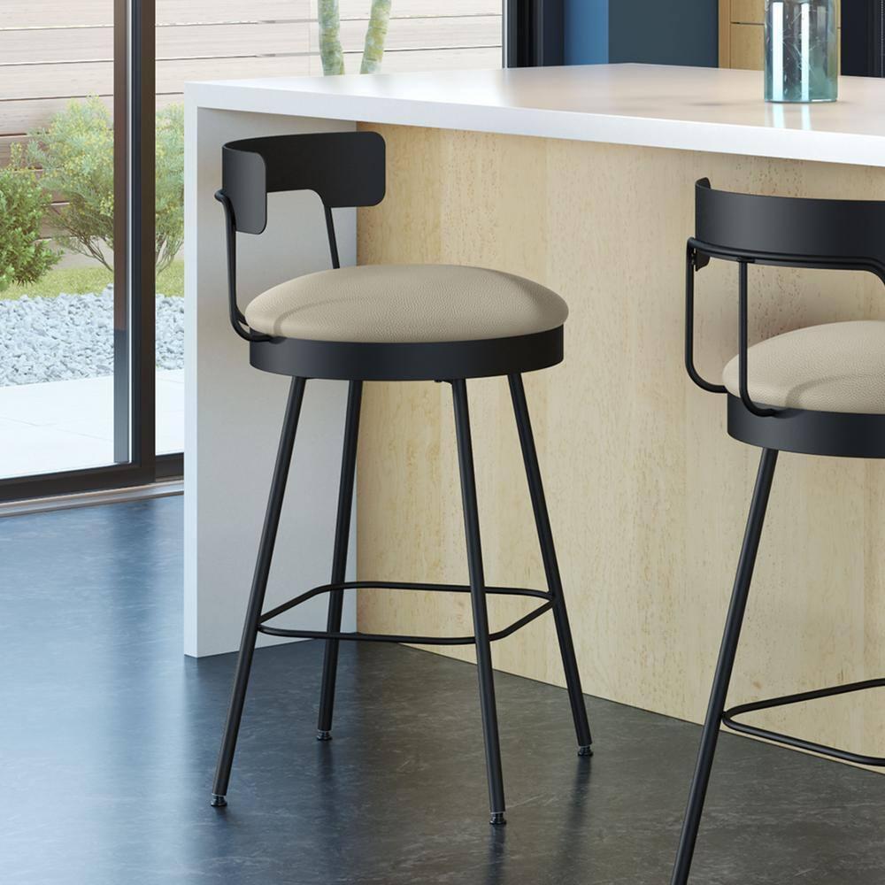 Greige Faux Leather Swivel Bar Stool with Black Metal Base