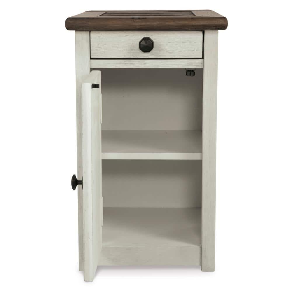 Signature Design by Ashley Bolanburg Chair Side End Table Brown/White: Vintage Style, USB Ports, Storage Cabinet