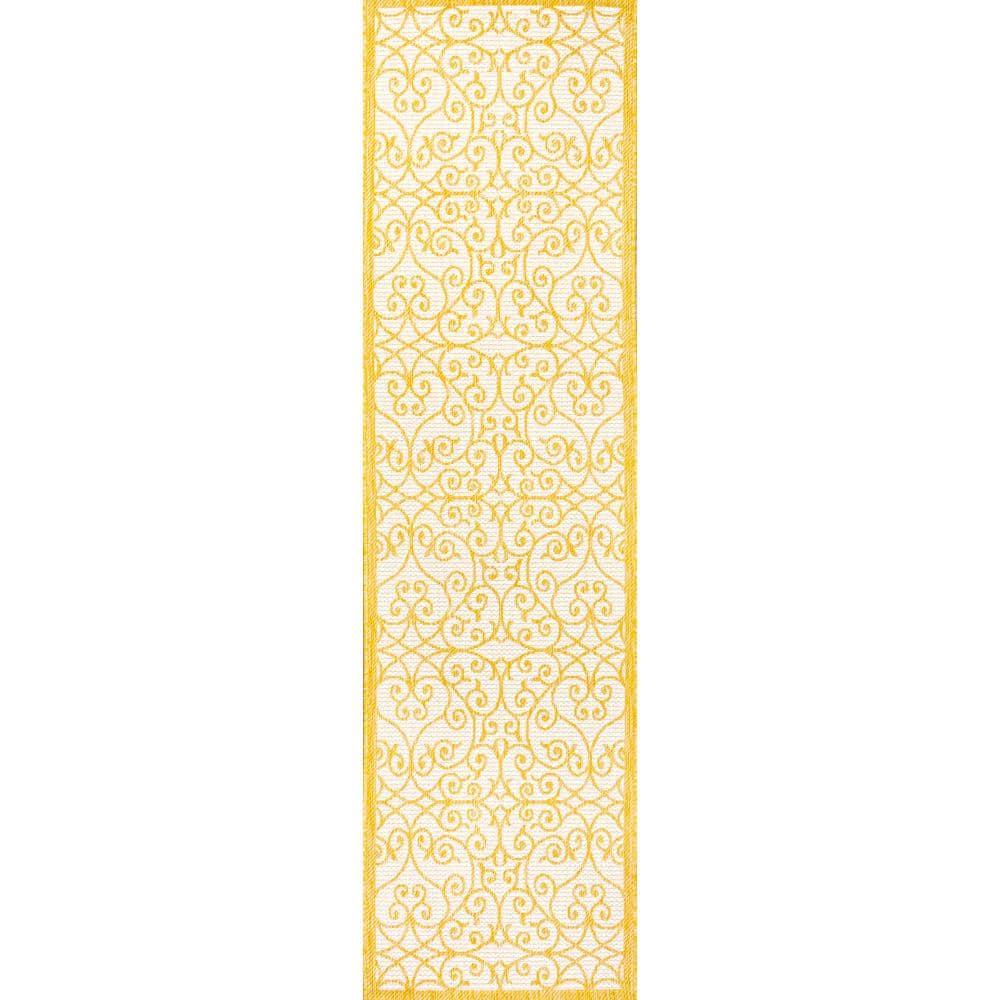 2' x 8' Madrid Vintage Filigree Textured Weave Indoor/Outdoor Runner Rug, Cream/Yellow - JONATHAN Y