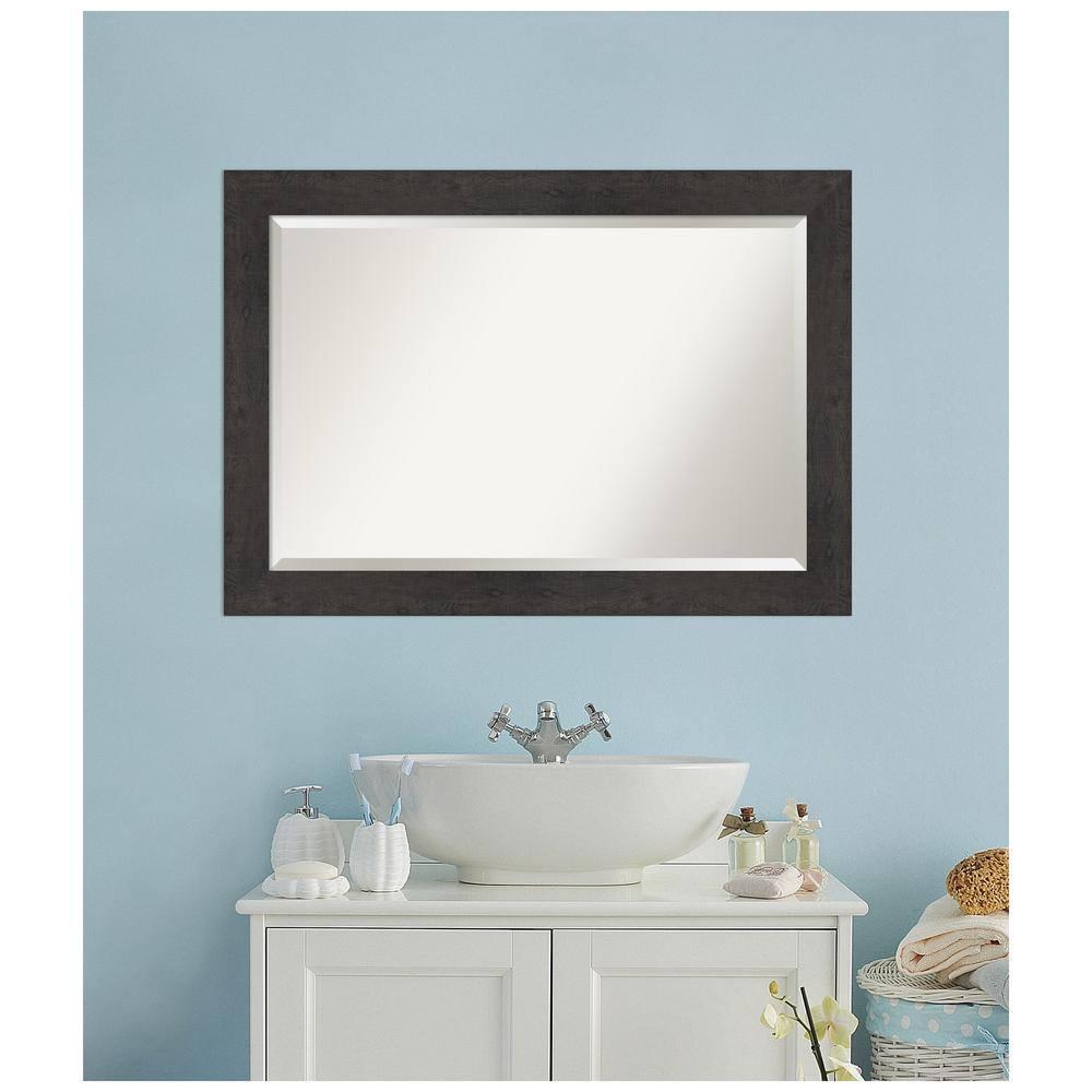 Amanti Art Beveled Bathroom Wall Mirror - Rustic Plank Espresso Frame Outer Size: 41 x 29 in