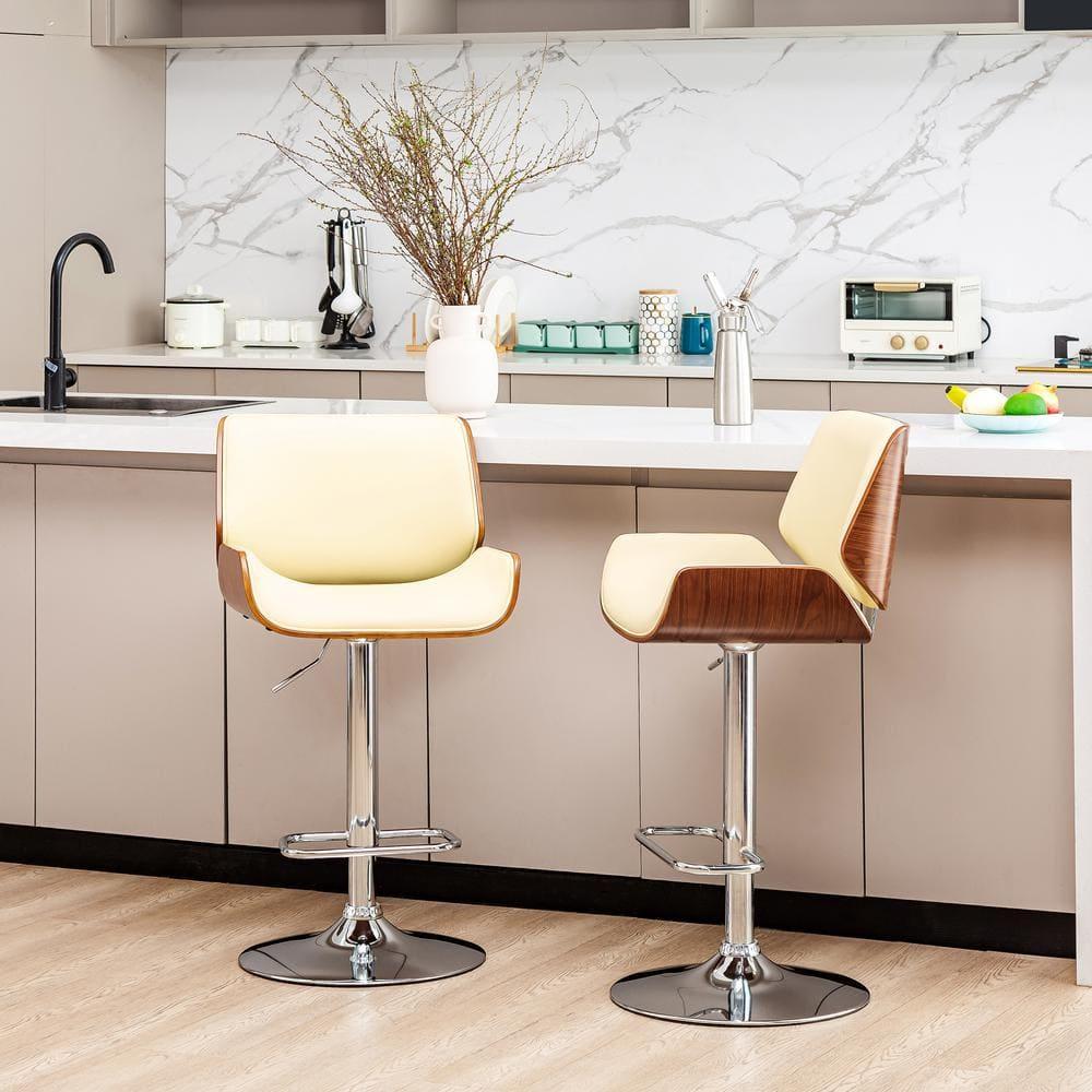 Glitzhome Set of 2 Leatherette Adjustable Height Swivel Bar Stools Chrome Plated Base Beige : Upholstered, Steel Legs, Rectangle Shape