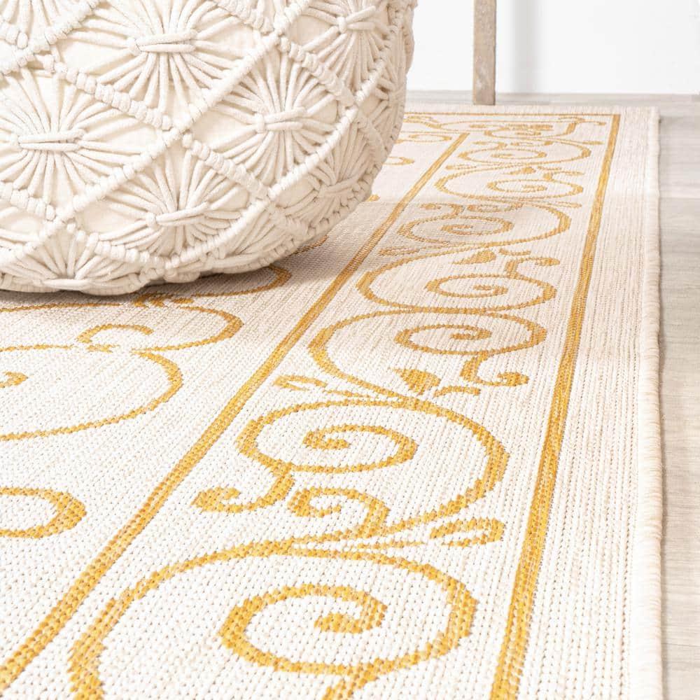 5' x 5' Charleston Vintage Filigree Textured Weave Indoor/Outdoor Area Rug, Cream/Yellow - JONATHAN Y