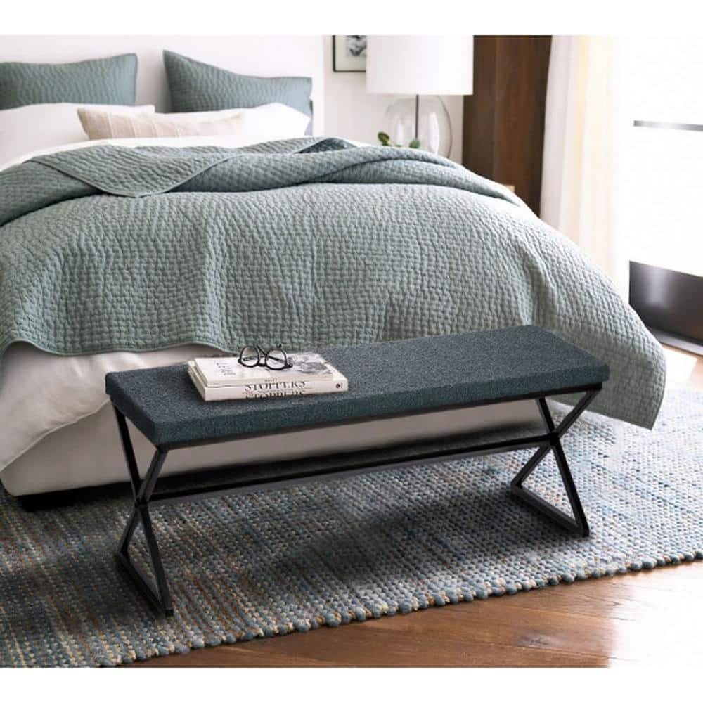 Household Essentials Harper Metal Bench with Boucle Upholstered Cushion, Blue-Grey and Black