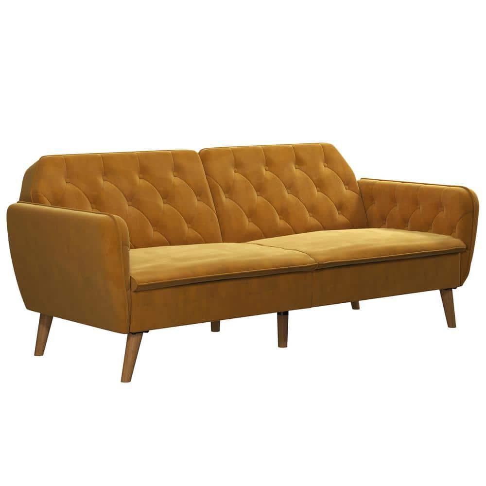 Tallulah Memory Foam Futon and Sofa Bed Mustard Yellow - Novogratz: Velvet Upholstery, Split-Back Design, Wooden Legs