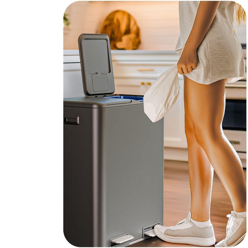 Home Zone Living Home Zone Living 16 Gallon Stainless Steel Kitchen Trash Can and Recycling Dual Compartments with Step Pedals and Soft-Close Lids