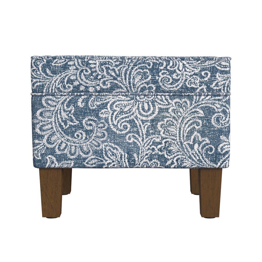Medium Storage Ottoman Denim - HomePop: Upholstered Footstool, Botanical Pattern, Hardwood Frame