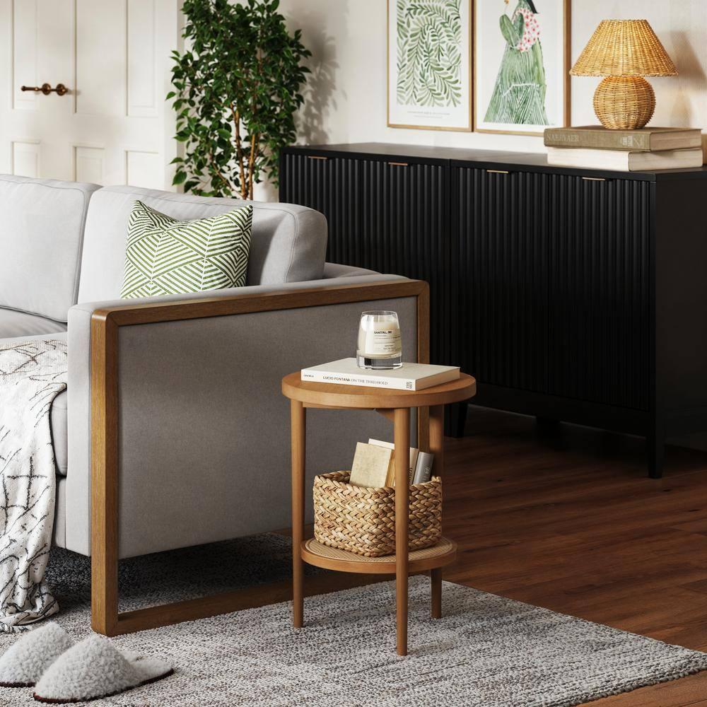 Nathan James Sonia Boho Round Wood Side Table with Storage, Natural Sofa Side Table in Honey Brown with Rattan Storage Shelf for Living Room, Bedroom or Nursery