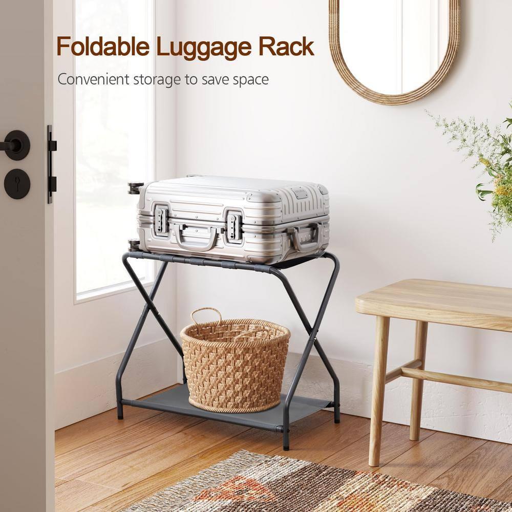 MEBROT Set Of 2, Foldable Suitcase Stands For Guest Room, Metal Luggage Holder With Storage Shelf For Bedroom, Hotel, Easy Assemble