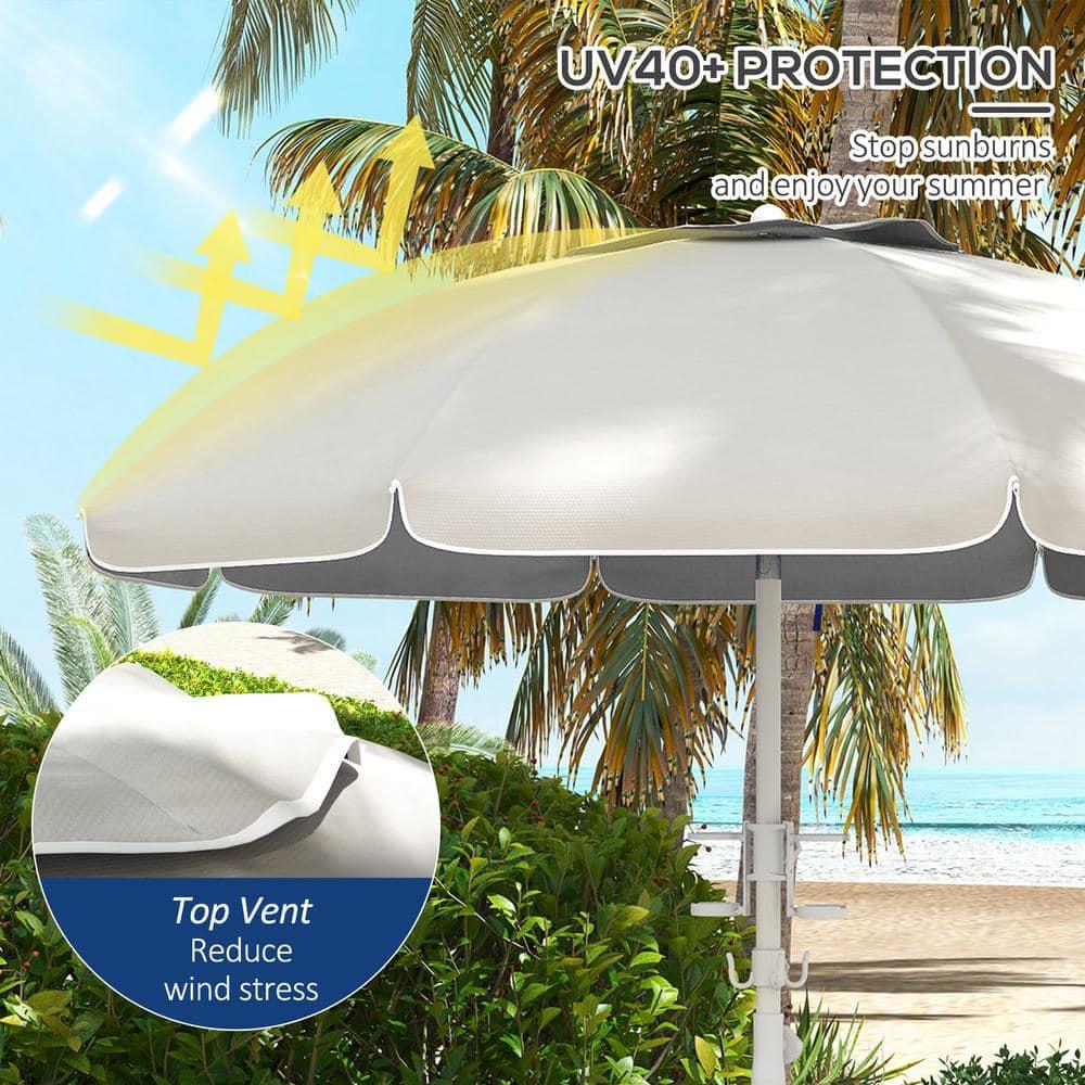 Outsunny 5.7' Beach Umbrella with Cup Holders, Hooks, Vented Canopy, Portable Outdoor Umbrella, Cream White