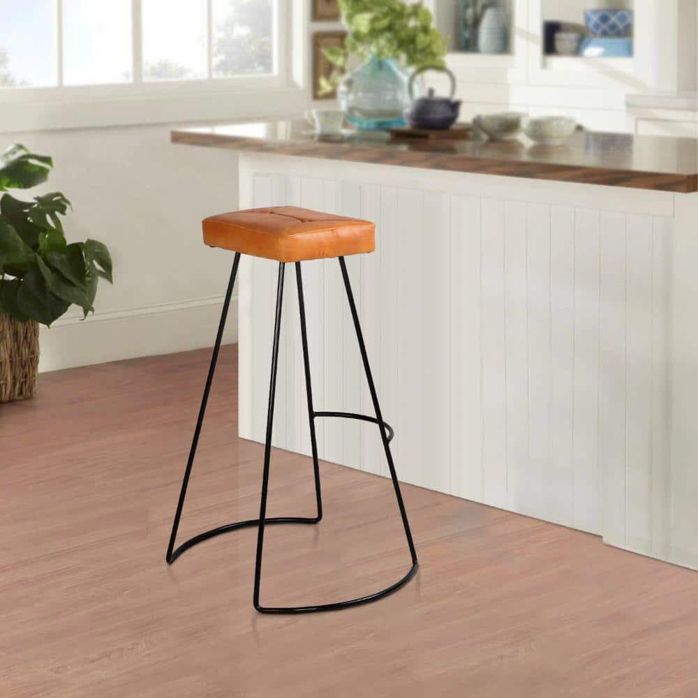 32 Inch Modern Bar Stool, Genuine Leather Seat, Metal Frame, Button Tufted, Tan Brown, Black