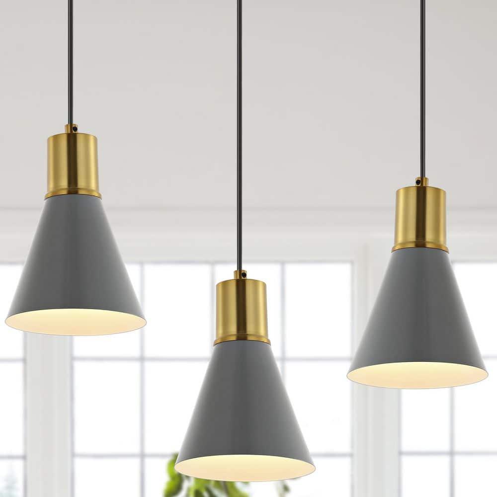 Apollo 33.5" 3-Light Mid-Century Modern Iron Adjustable Linear LED Pendant, Gray/Brass Gold