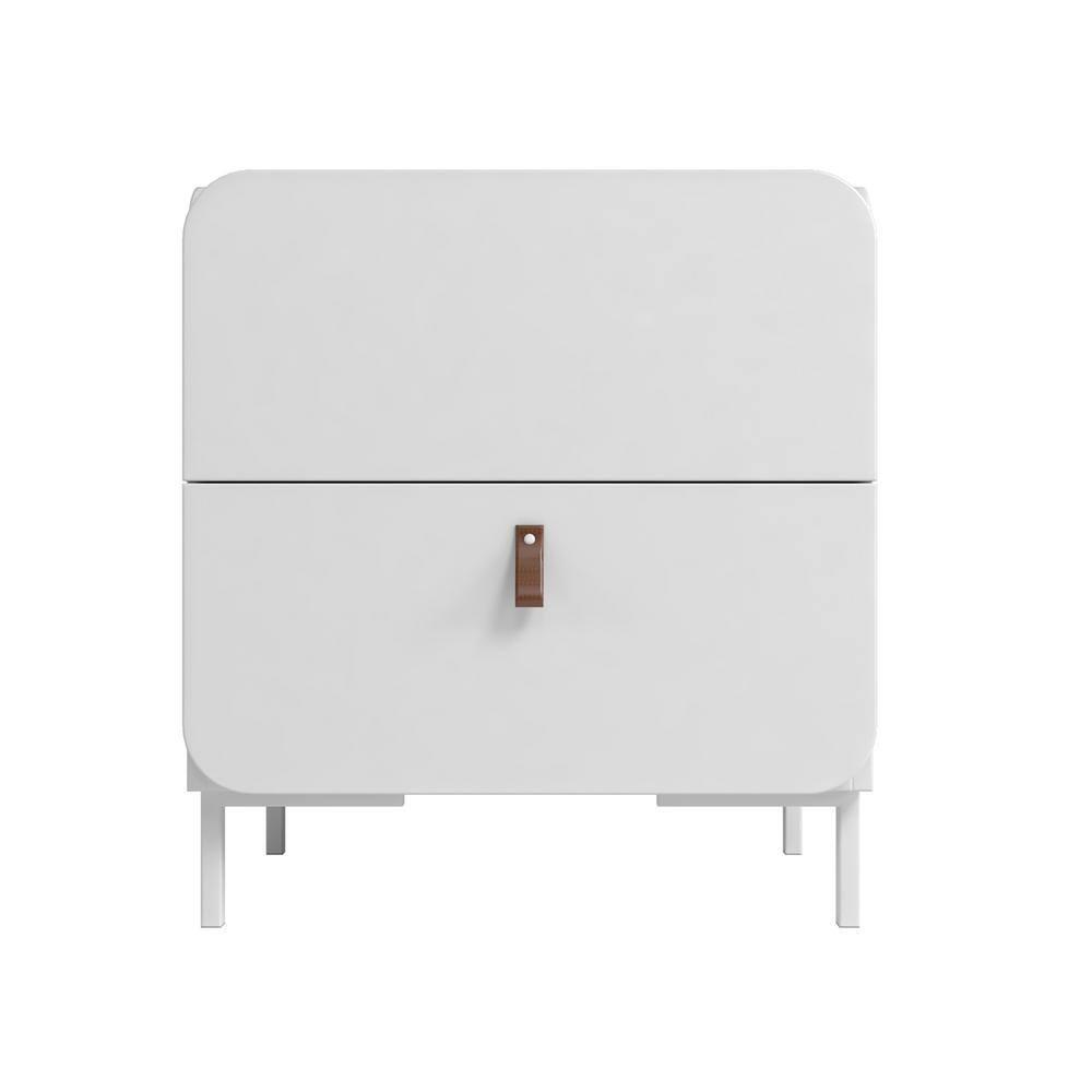 Manhattan Comfort Set of 2 Bogardus Mid Century Modern Nightstands White: Rounded Drawer, Leather Pull, Particle Board