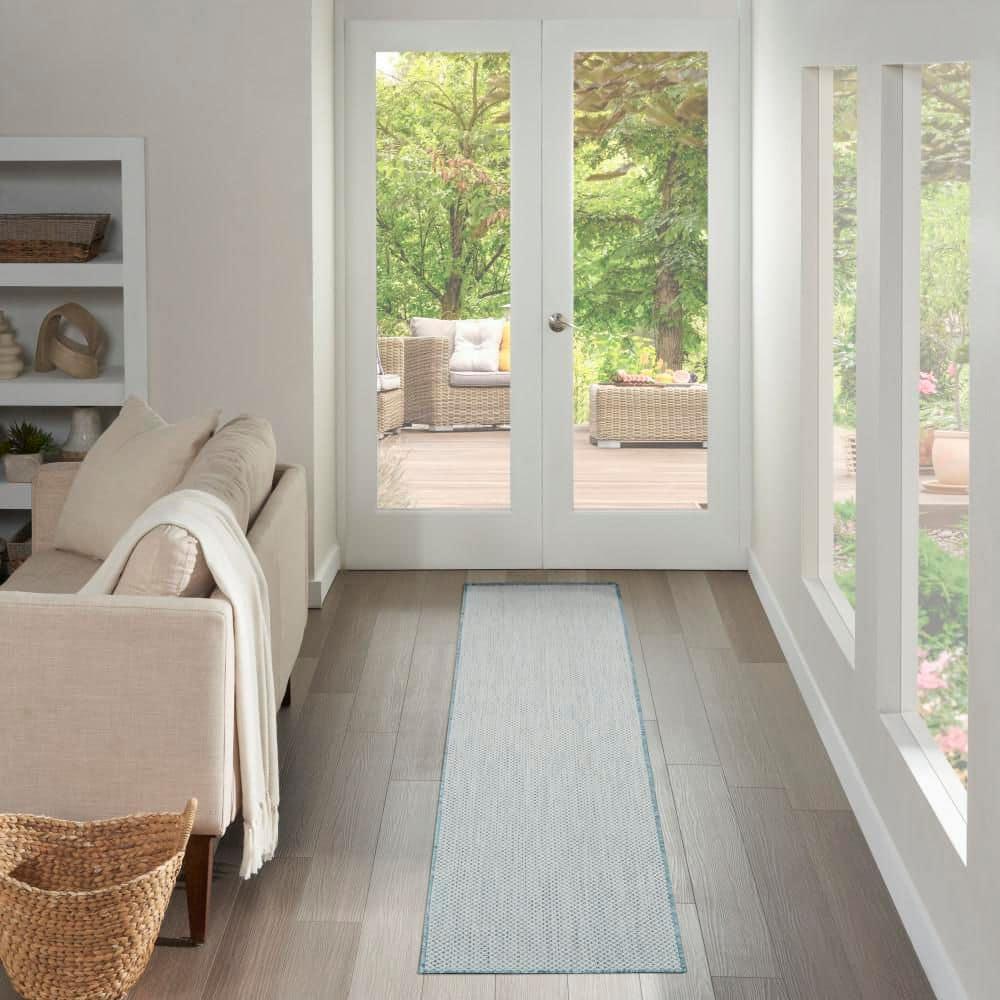 Nourison 2'2" x 8' Courtyard Modern Easy Care Flatweave Indoor Outdoor Runner Rug Ivory/Aqua