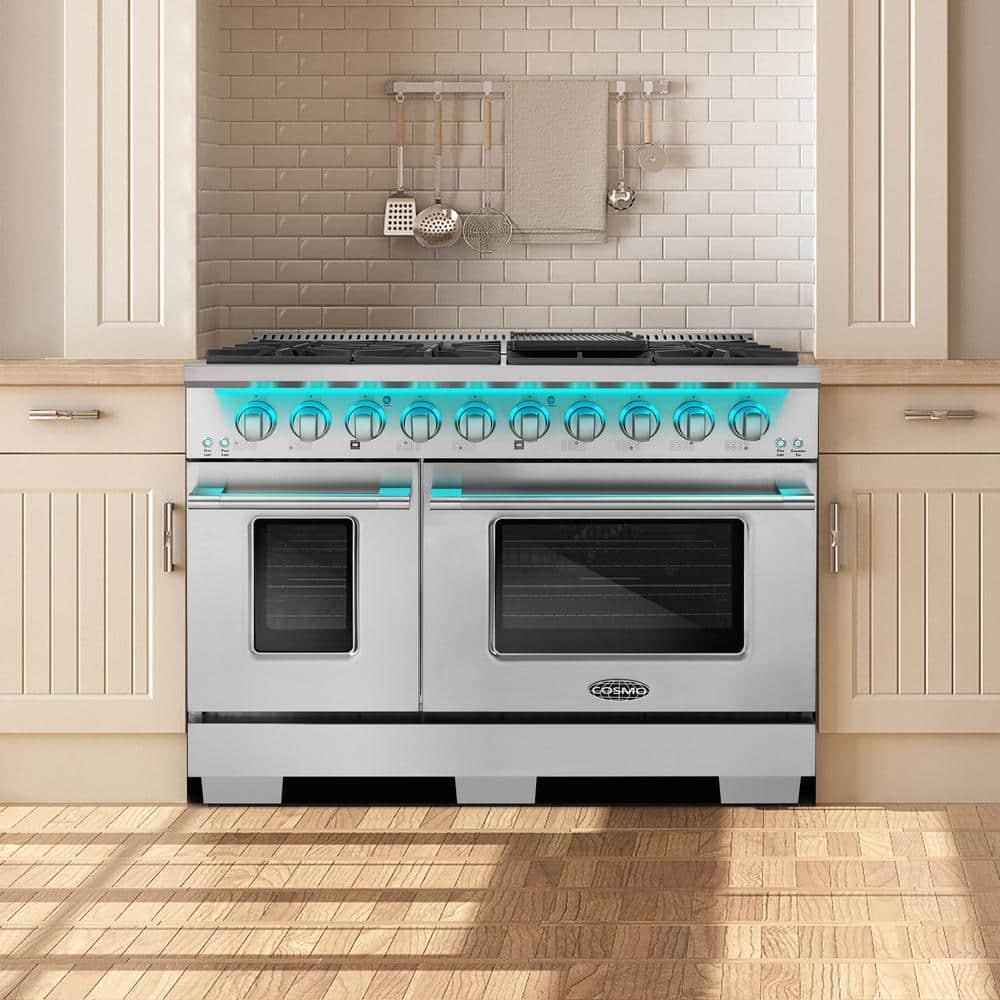Cosmo COS-DFRP488K Cosmo 48 In. Lumin Collection 5.5 Cu. Ft. Double Oven Dual Fuel Range With 8 Burners, Cast Iron Grates In Stainless Steel