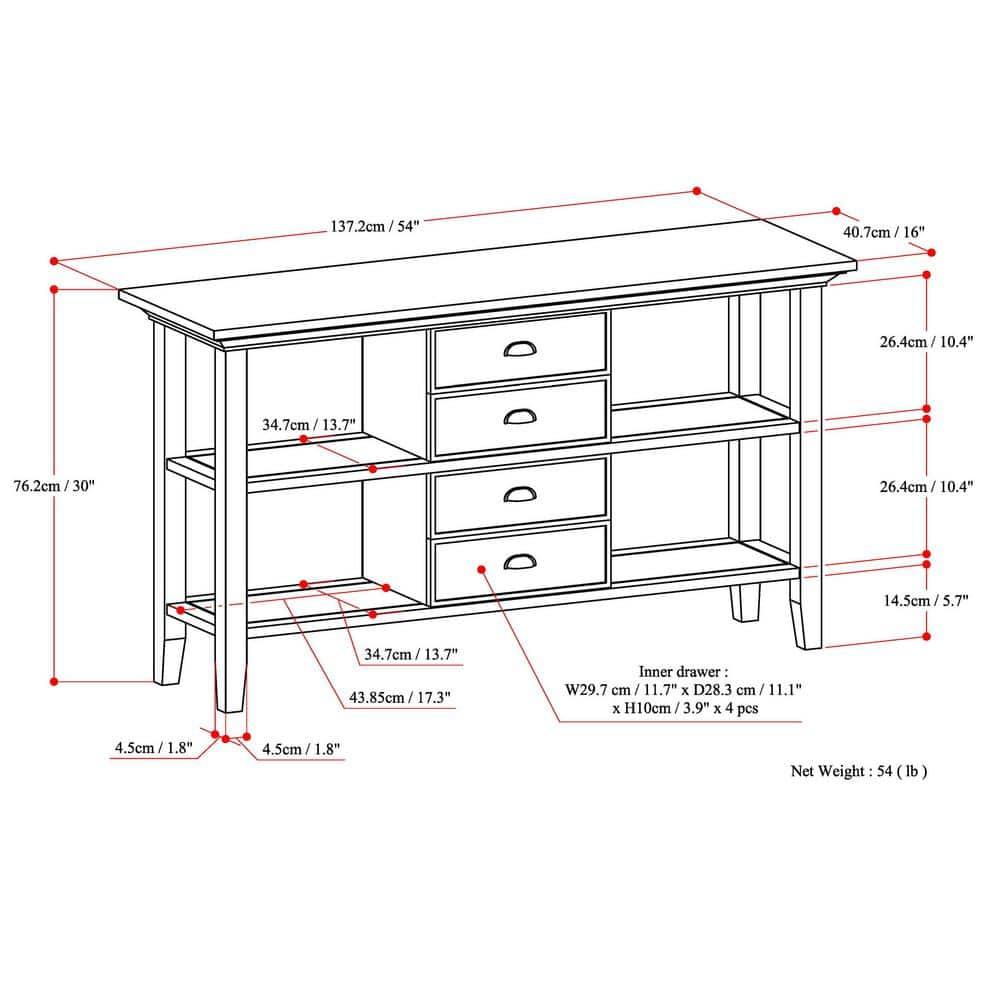 Simpli Home Redmond 54"W Solid Wood Storage Console Table with 4 Center Drawers and Open Shelves