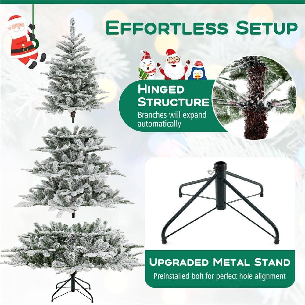 Costway 7Ft Premium Hinged Snow Flocked Slim Artificial Christmas Fir Tree w/ Pine Cones