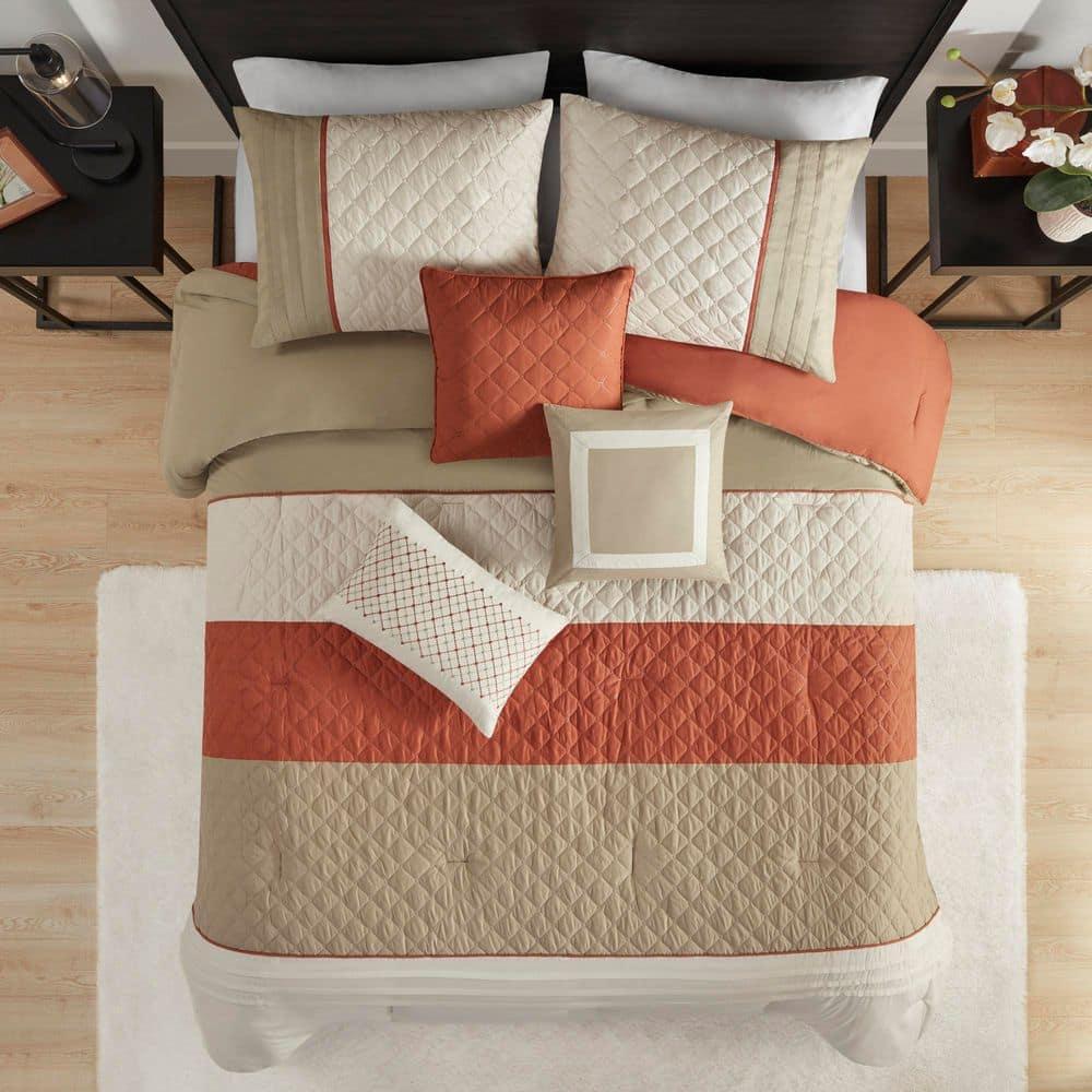 Madison Park Jenson 7 Piece Color Block Stripe Comforter Set with Throw Pillows