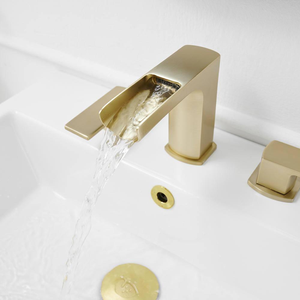 BWE Waterfall 8 in. Widespread Double Handle Bath Faucet Set 3 Holes Vanity Sink With Metal Drain