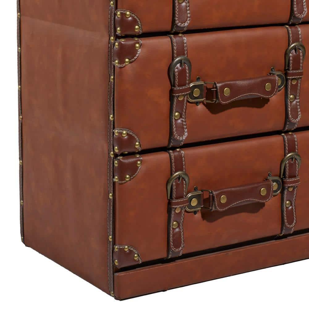 DecMode 16" x 42" Brown Wood Faux Leather 6 Drawers Chest with Buckle and Strap Detailing, 1-Piece