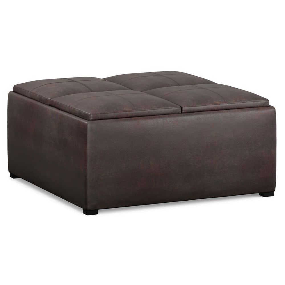Simpli Home Avalon 35"W Upholstered Square Coffee Table Storage Ottoman with Flip-Over Trays