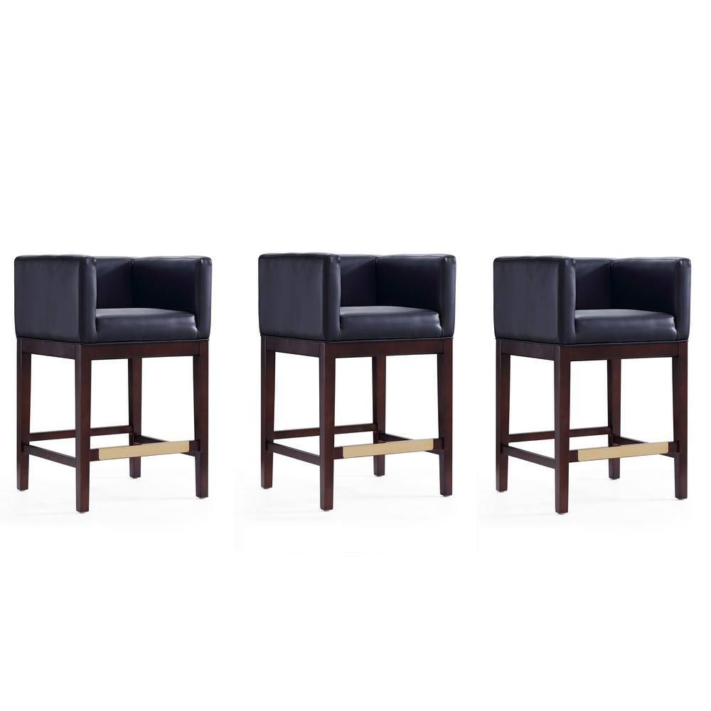 Manhattan Comfort Set of 3 Kingsley Upholstered Beech Wood Counter Height Barstools Black: Faux Leather, Low Back Design, Fixed 26" Seat Height