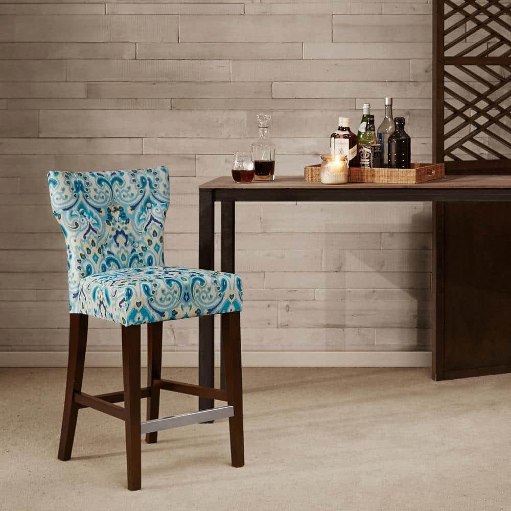 25" Saffron Tufted Back Counter Height Barstool Blue/Yellow: Espresso Wood Legs, Padded Seat