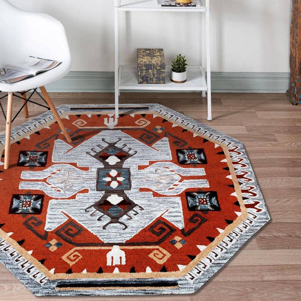 Ox Bay Terracotta Textile Southwestern Shape Rug, 6 ft. Octagon, Terracotta / Gray