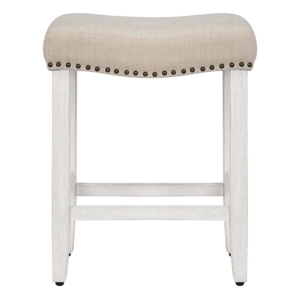 GRANDVILLE 24" Upholstered Bar Stool with Nail Head Trim (Set of 2), Antique White/Beige