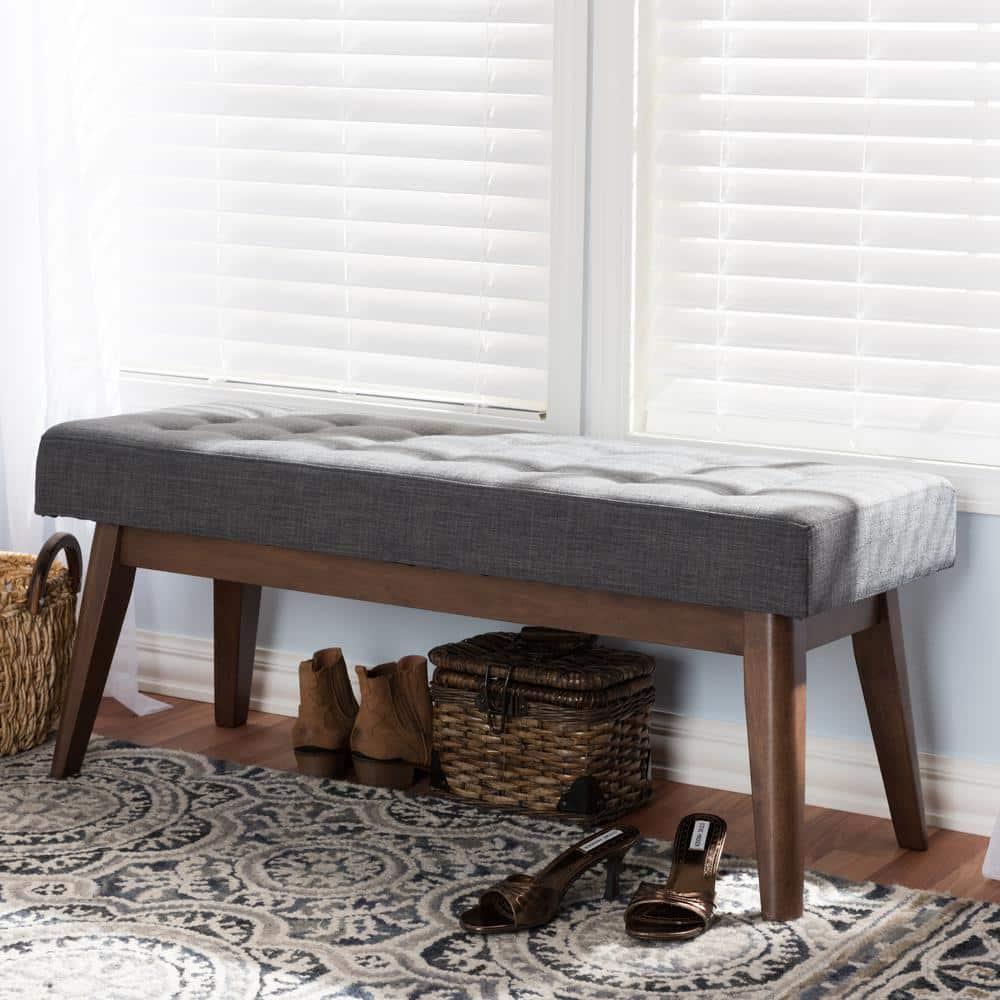Baxton Studio Elia Mid Century Modern Walnut Wood Fabric Button Tufted Bench Dark Gray: Rubberwood Frame, Polyester Upholstery, 400lb Capacity