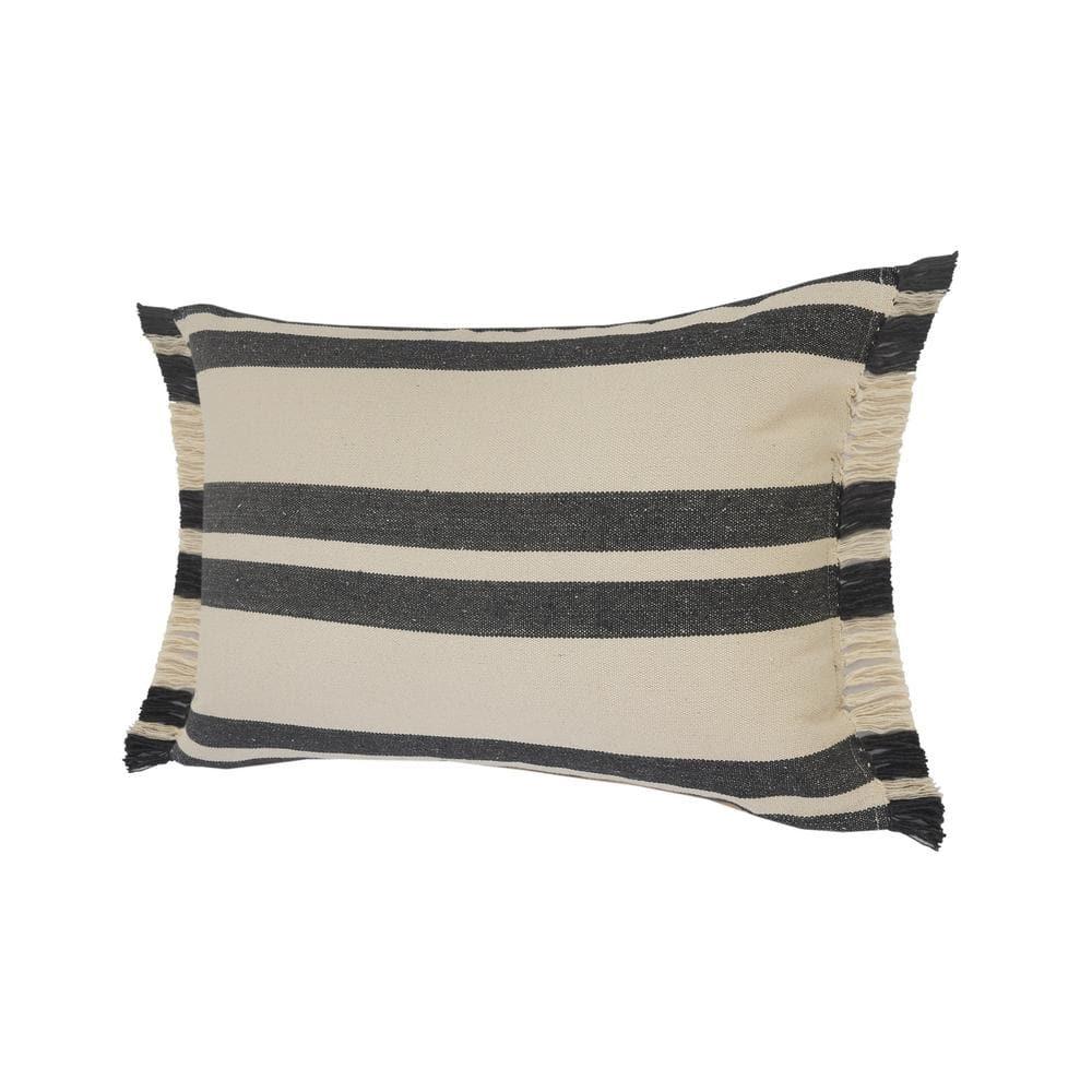 Gray and White Cotton Lumbar Pillow with Fringe, 16" x 24"