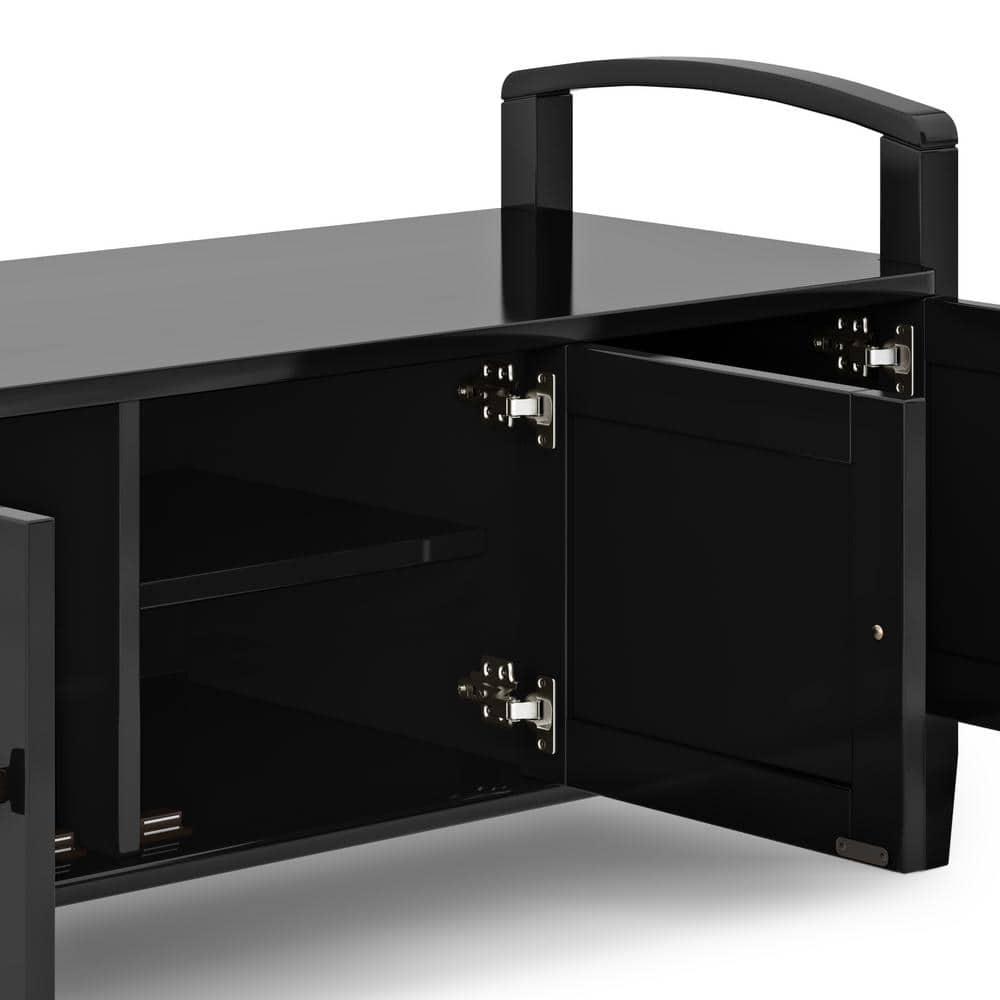 Simpli Home Warm Shaker 44"W Solid Wood Entryway Storage Bench with 3 Cabinets, Shaker-Style Doors and Interior Shelves