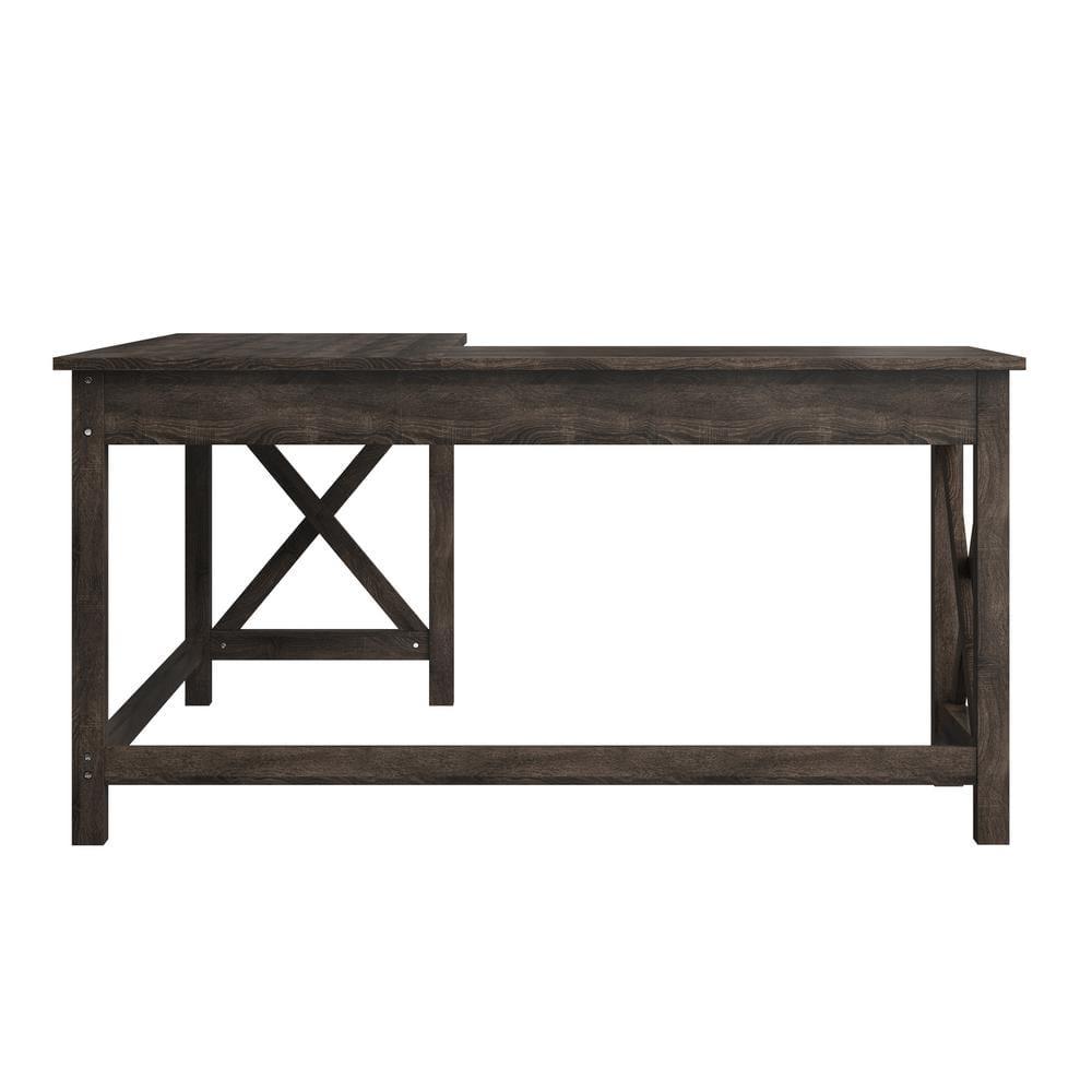Lavish Home 59" L-Shaped Farmhouse Style Desk with Return for Home Office in Dark Gray Oak Finish