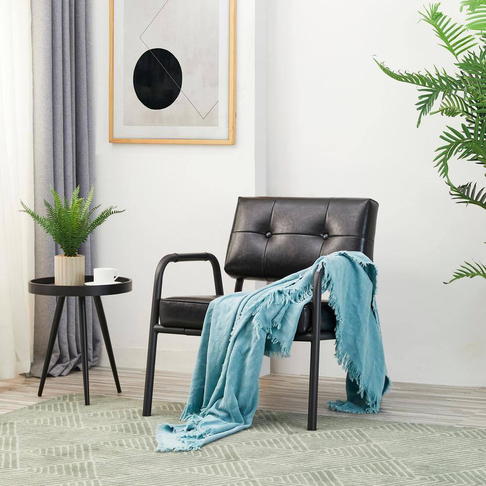 Mid-Century Modern Leatherette Arm Accent Chair Frosted Black Metal Frame Black - Glitzhome