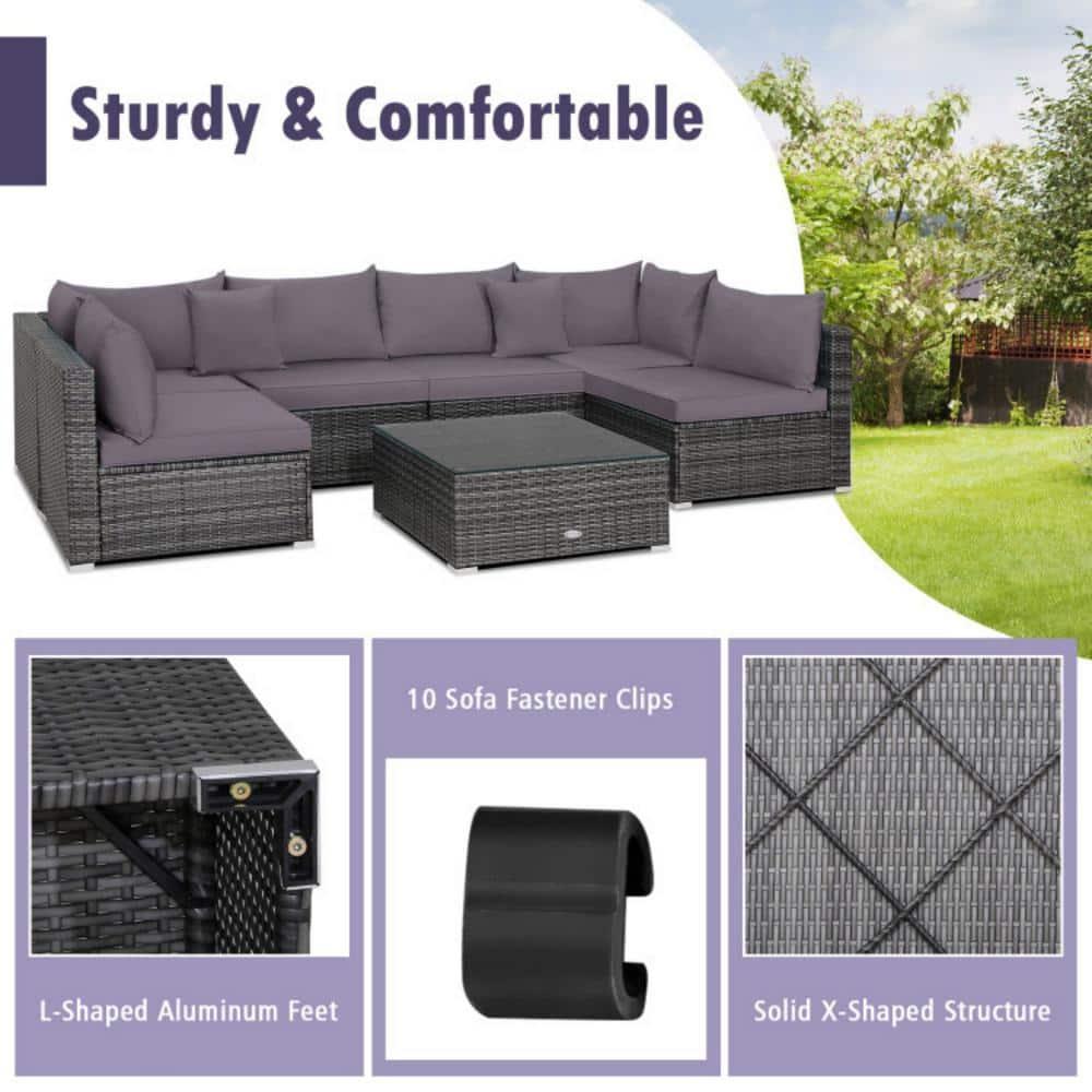 Costway 7PCS Patio Rattan Furniture Set Sectional Sofa Cushioned Garden Gray