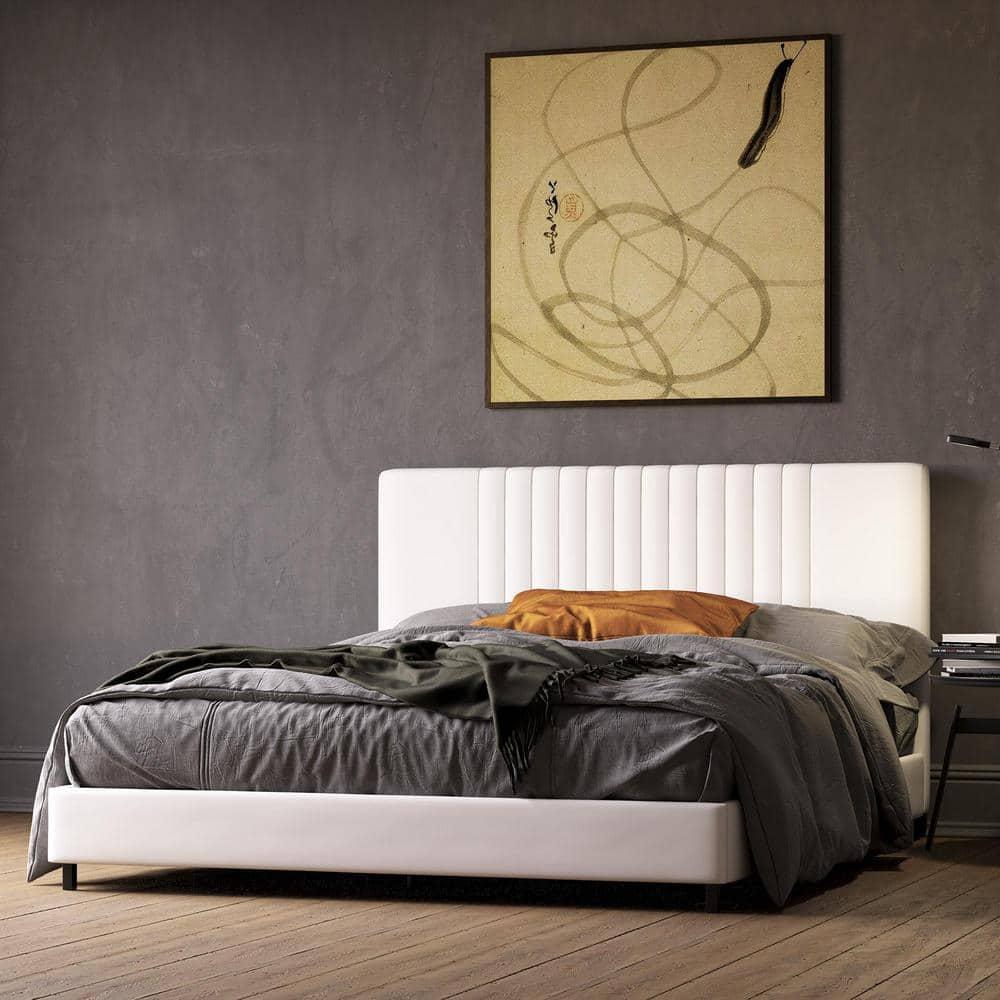 RealRooms Rio Faux Leather Upholstered Platform Bed with Tufted Headboard, Twin, White