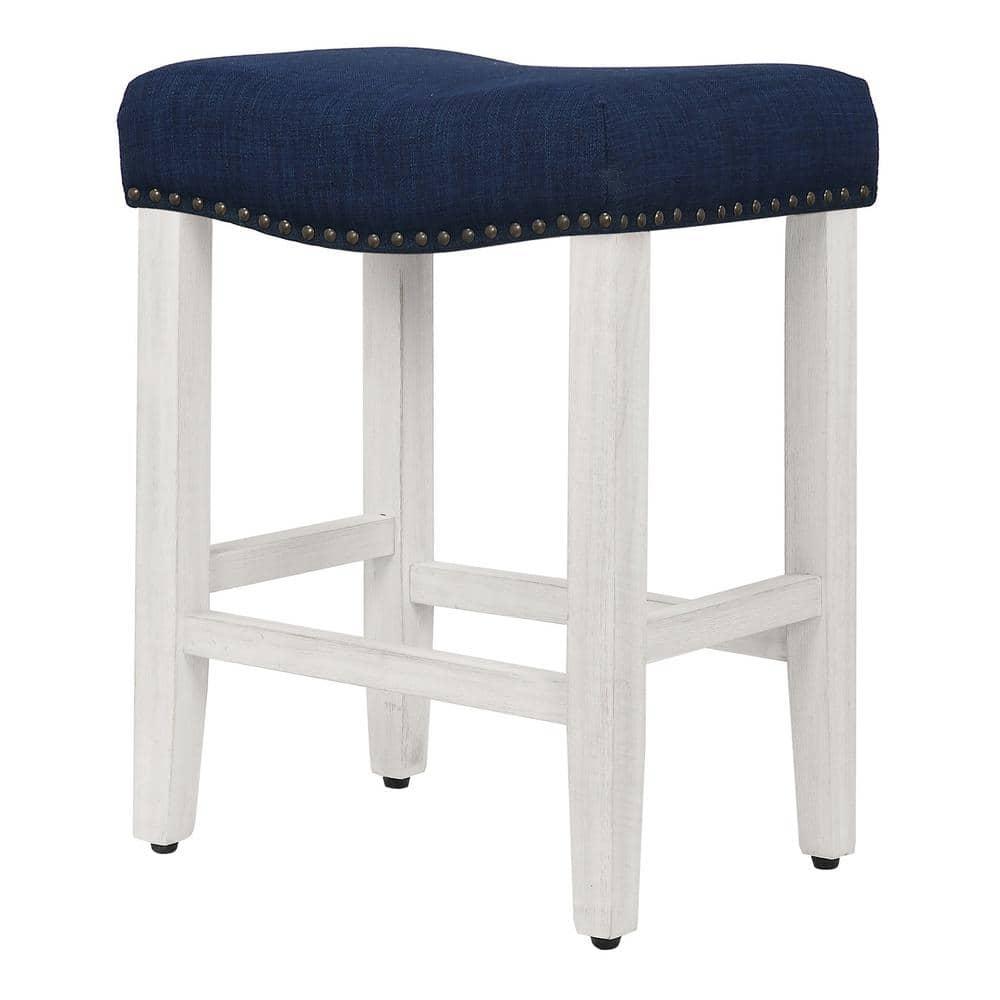 Polytrends Jameson Upholstered Polyester Antique White 24 Inch Counter Stool Antique White/Navy Blue Wood Wood Footrest Foam Modern & Contemporary