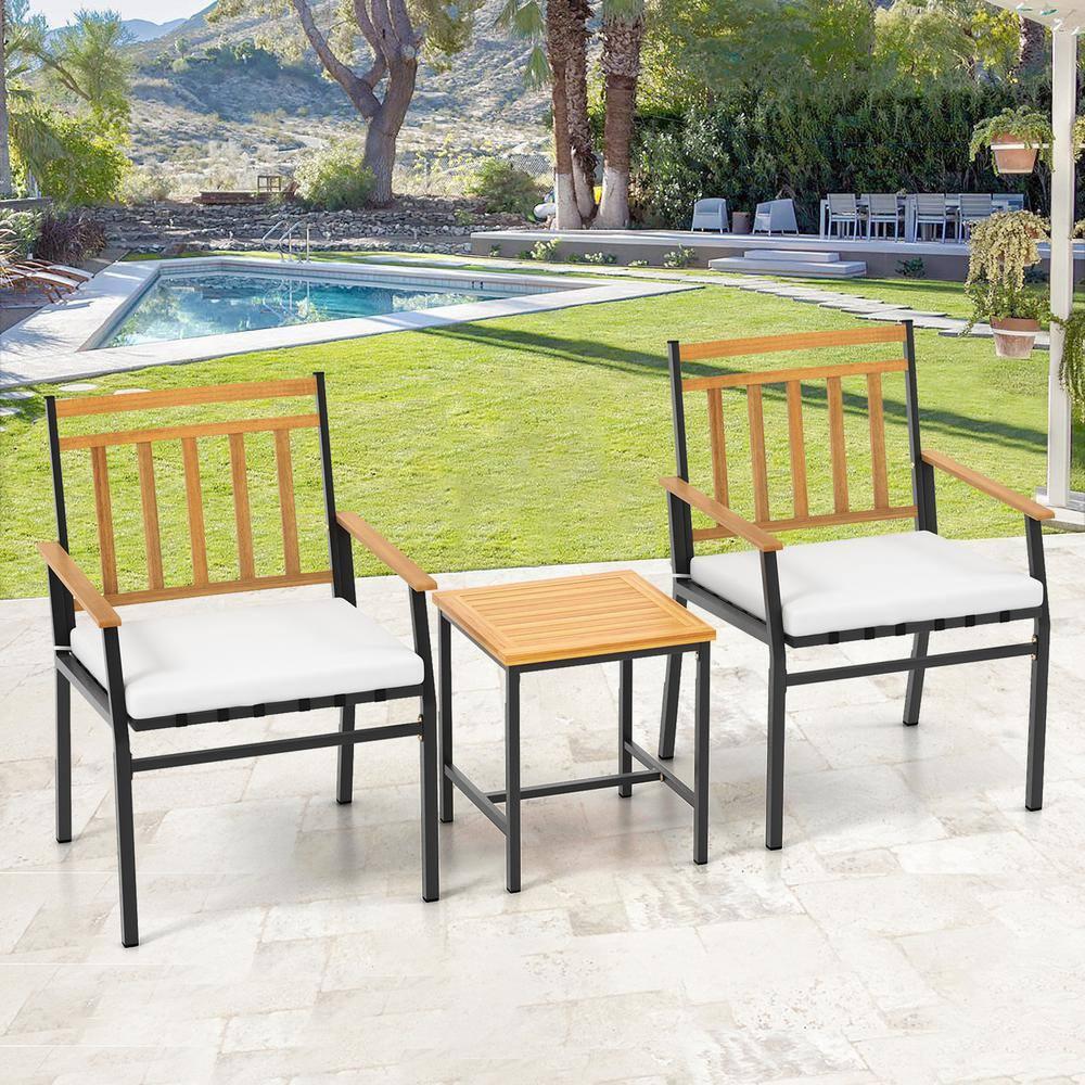 Gracie Oaks 3 Pieces Acacia Wood Bistro Set Patio Conversation Set With Cushions And Coffee Table Outdoor Bistro Table And Chairs Set