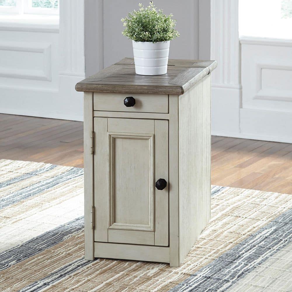 Signature Design by Ashley Bolanburg Chair Side End Table Brown/White: Vintage Style, USB Ports, Storage Cabinet