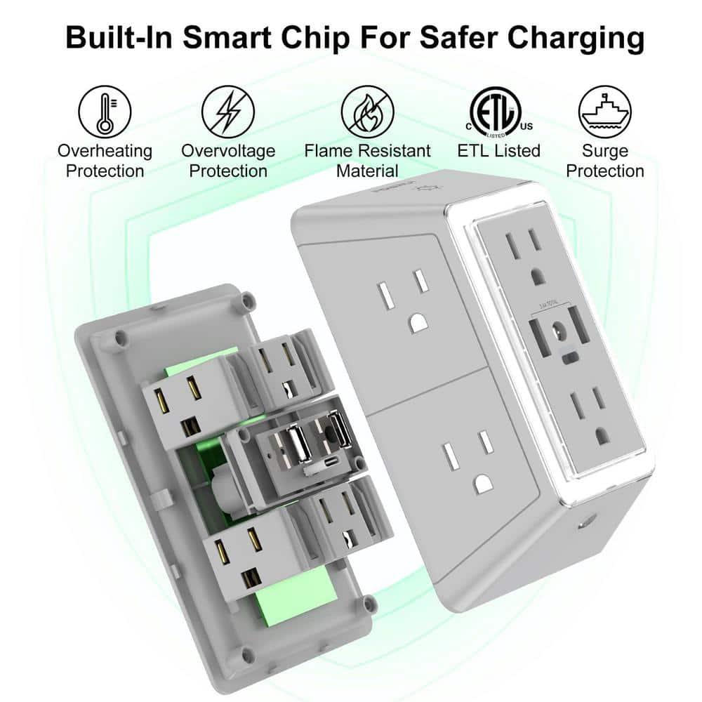 POWRUI Power Strip Surge Protector - 6 AC Outlets With 3 USB Ports (1 USB C), Night Light, 3-Sided Multi Plug Wall Extender With Spaced Outlets - Grey, ETL Listed