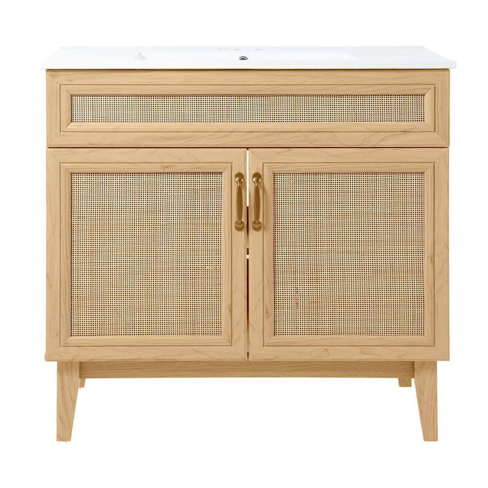 Javer 36" Rattan Modern Farmhouse 2-Shelf Bath Vanity Cabinet Only (Sink Basin not Included)