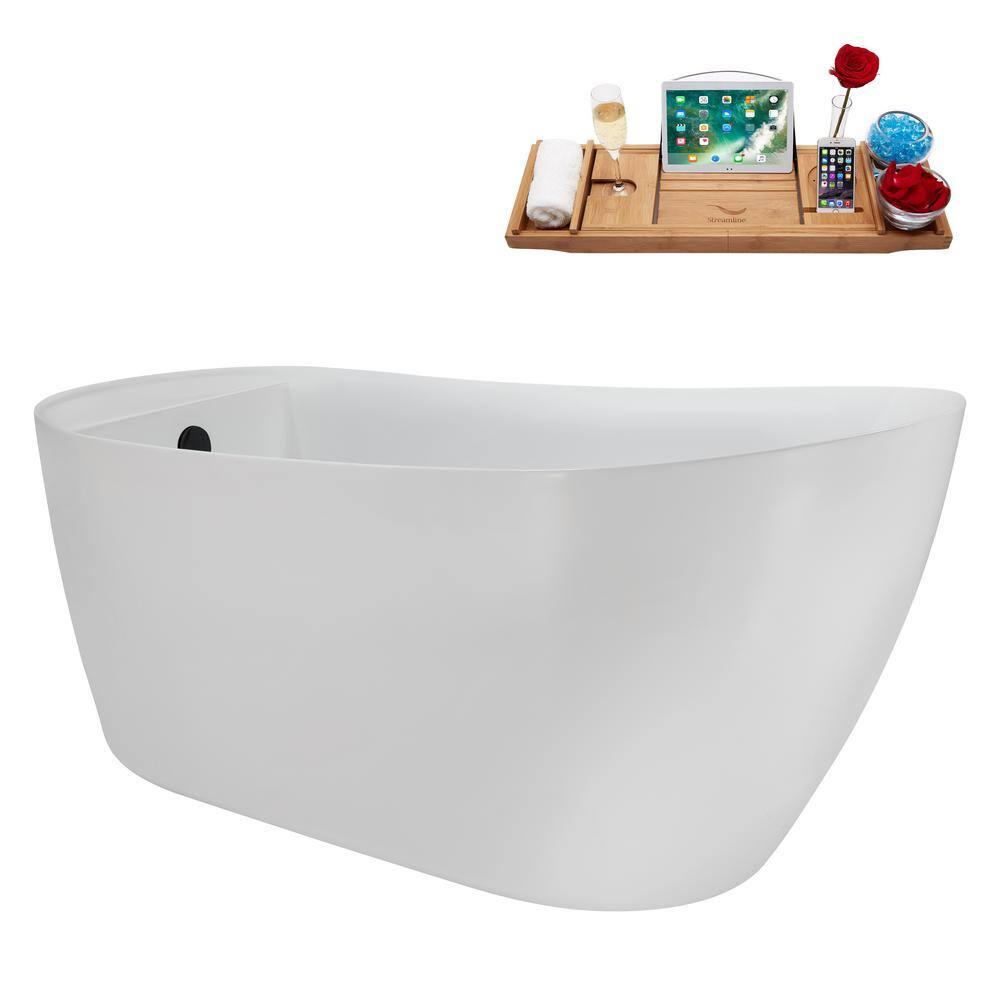Streamline Bath 59" Streamline Freestanding Soaking Acrylic Bathtub With Drain and Bamboo Tray N2080BL