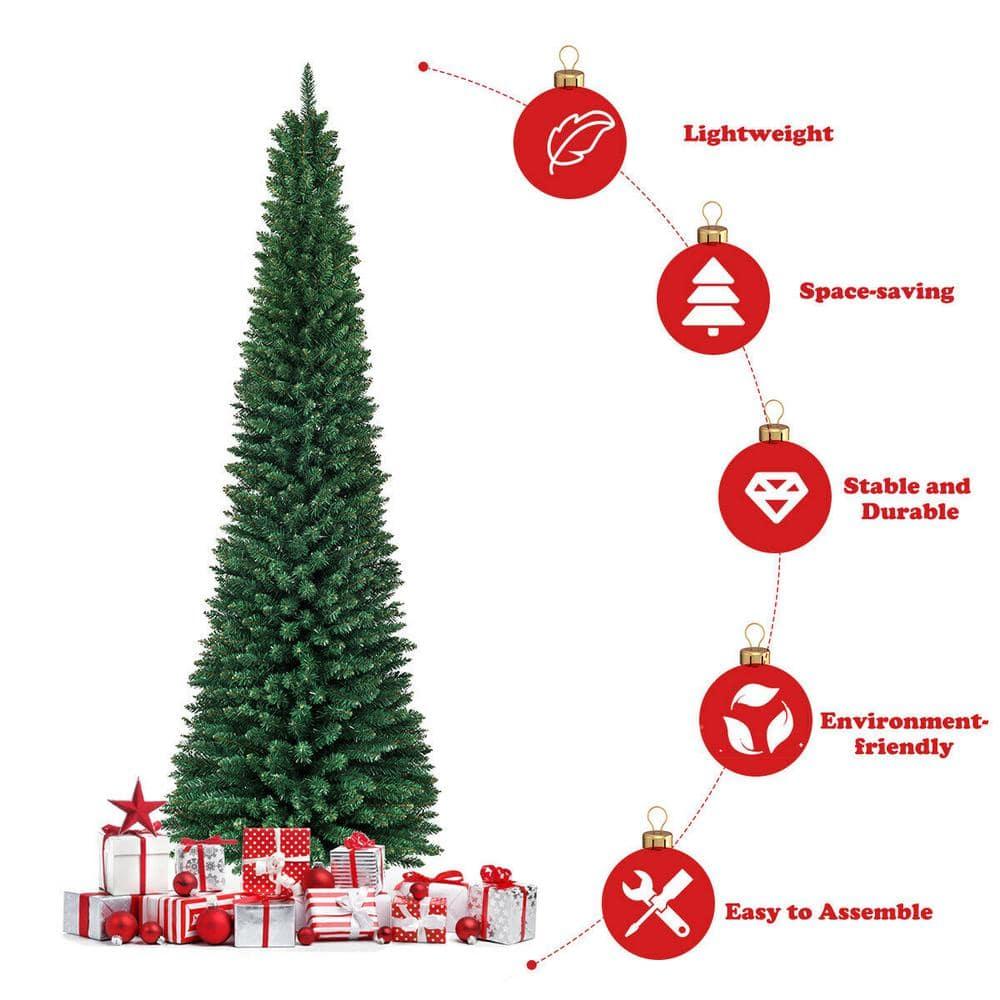 Costway 9Ft PVC Artificial Pencil Christmas Tree Slim Stand Green