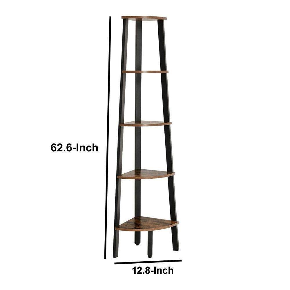63 Inch Corner Bookcase 5 Tier Shelves, Ladder Storage, Rustic Brown, Black - Saltoro Sherpi