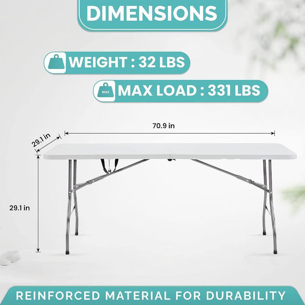 6ft Folding Table Multipurpose Foldable Dinner Table Portable Folding Rectangular Resin Table for Outdoor Camping Picnic Party by Naomi Home - White