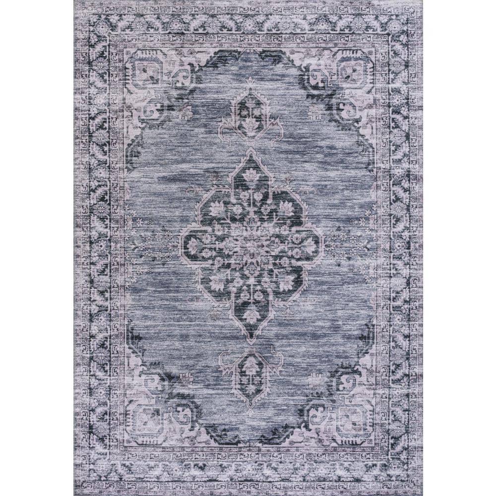 Wincer Chenille Cottage Medallion Machine-Washable Navy/Gray/Black 3 ft. x 5 ft. Area Rug - JONATHAN Y