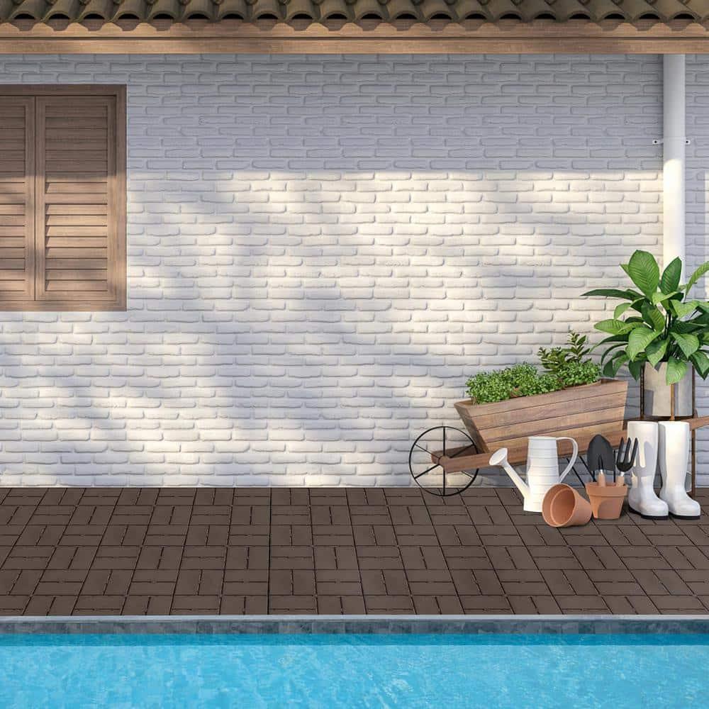 Goovilla Plastic Interlocking Deck Tiles, 27 Pack Outdoor Patio Flooring, 12"x12" Interlocking Decking Tile Outdoor All Weather Use, Waterproof Patio Pavers for Pool Balcony Backyard Porch, Dark Brown