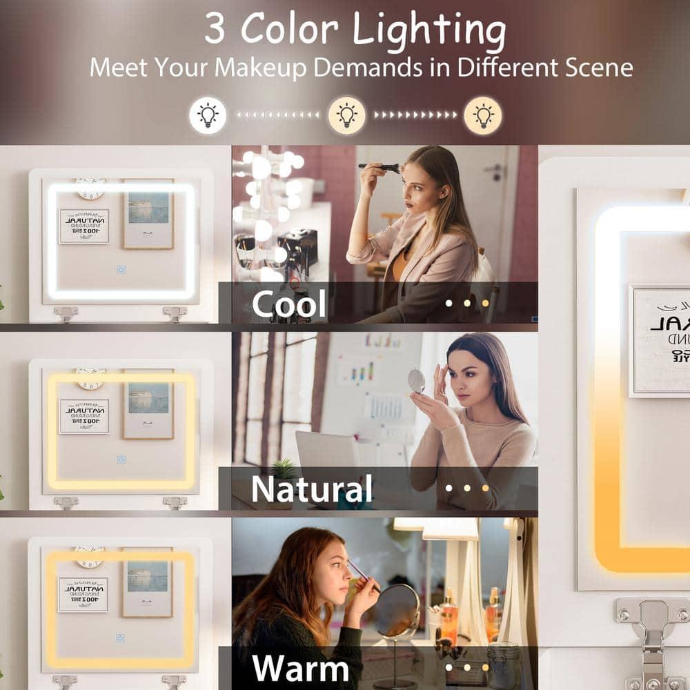 Joqixon Vanity Desk with Flip Top Mirror and Lights, Makeup Vanity Set with Glass Shelf, Space Saving Dressing Table with 3 Drawers & Cushion Stool for Bedroom, White