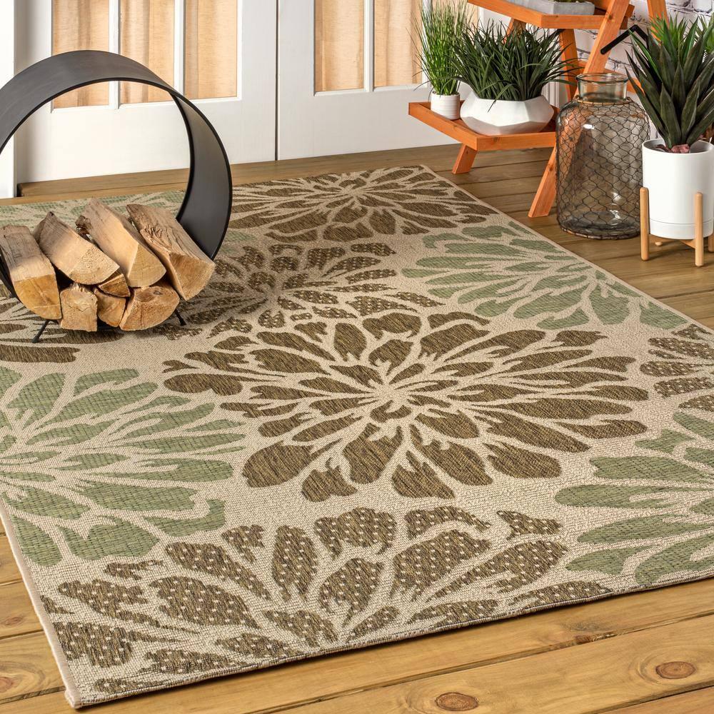 3'x5' Zinnia Modern Floral Textured Weave Indoor/Outdoor Area Rug, Sage/Brown - JONATHAN Y