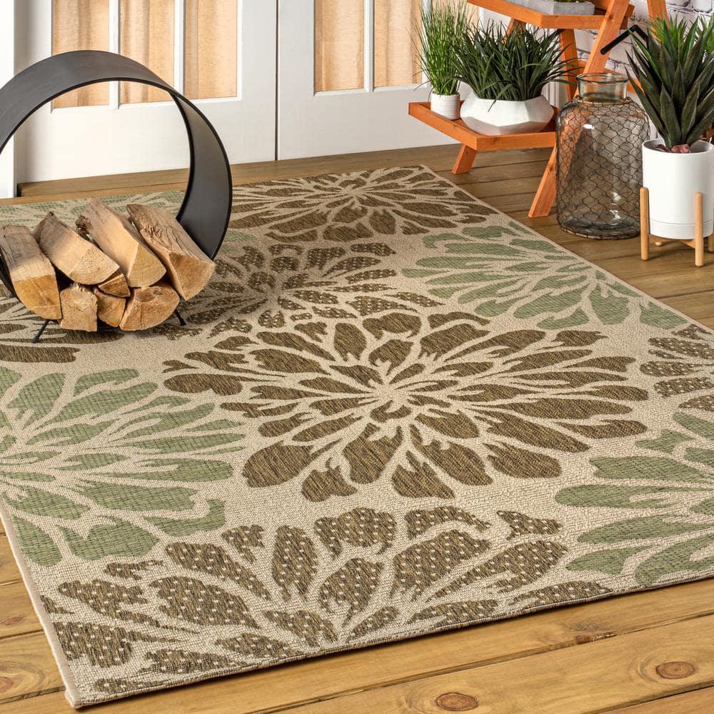 4'x6' Zinnia Modern Floral Textured Weave Indoor/Outdoor Area Rug, Sage/Brown - JONATHAN Y