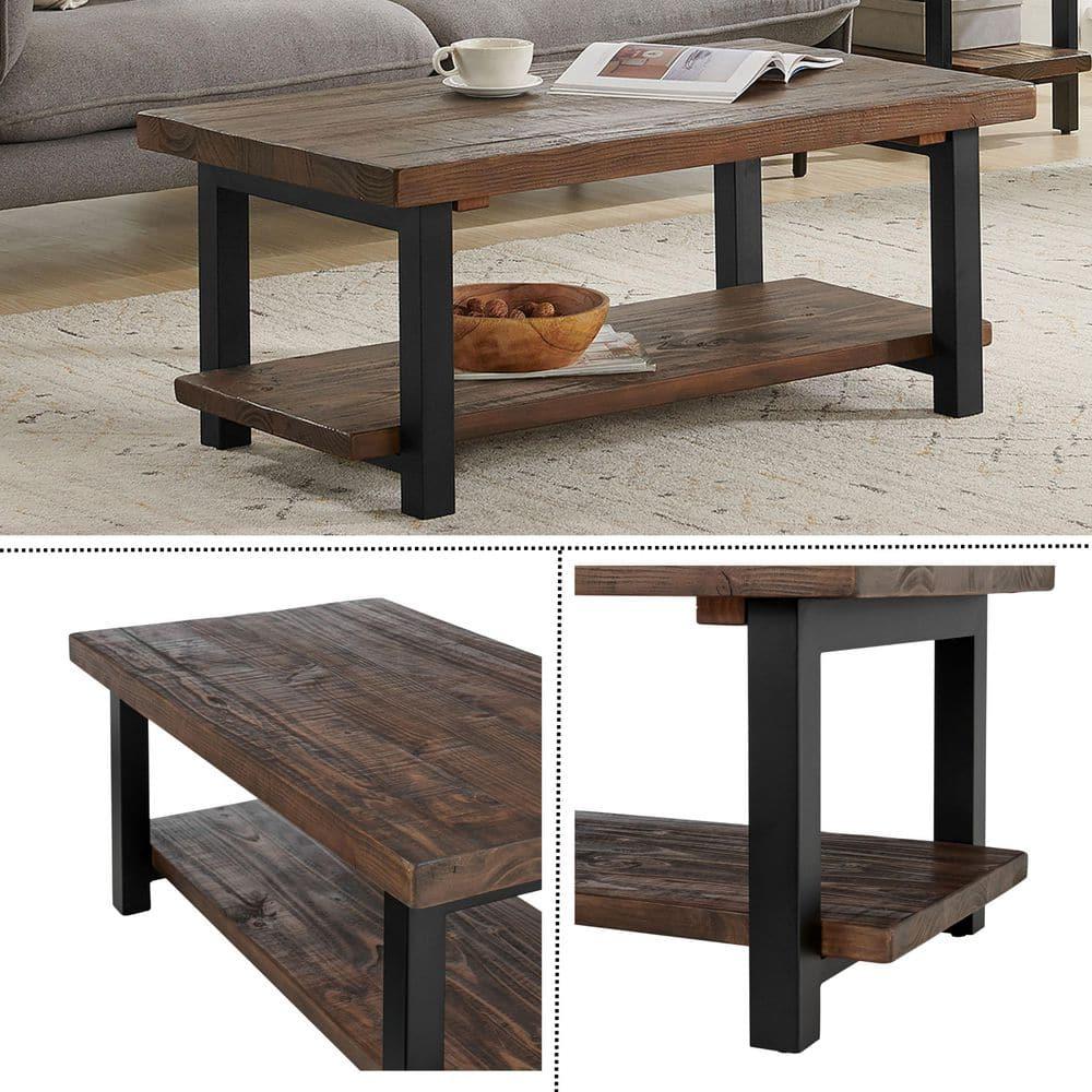 Alaterre Furniture 42" Pomona Wide Coffee Table Wood Rustic Natural: Fixed Shelf, Metal Frame, Living Room Furniture